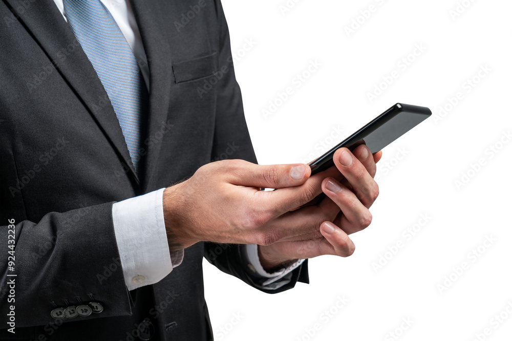 Closeup of a businessman in a suit holding a smartphone. white background. Concept of business communication and technology Closeup of a businessman in a suit holding a smartphone. white background. Concept of business communication and technology