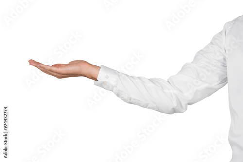 Obraz na plátne A person's hand wearing a white shirt is extended with the palm facing up against a white background