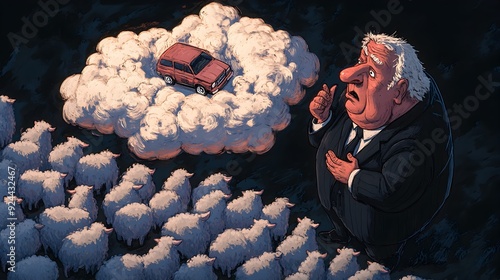 Man Looking at Car in the Clouds Above a Flock of Sheep. photo