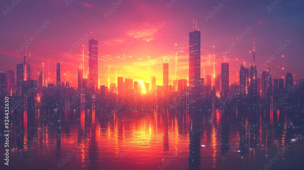 Fototapeta premium Cityscape at Sunset with Water Reflection.