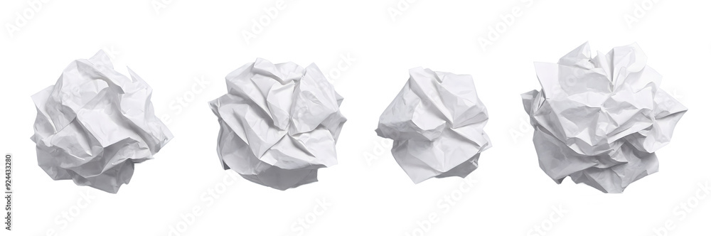 A collection of four crumpled paper balls presented in different angles on a transparent background. A collection of four crumpled paper balls presented in different angles on a transparent background.