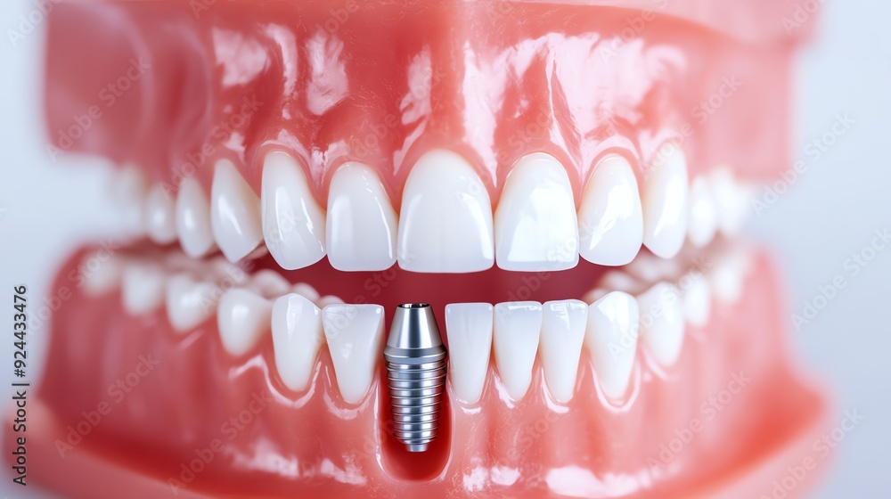 Obraz premium Close-up of a dental implant in a model mouth, showcasing the alignment of teeth and the implant structure for dental education.