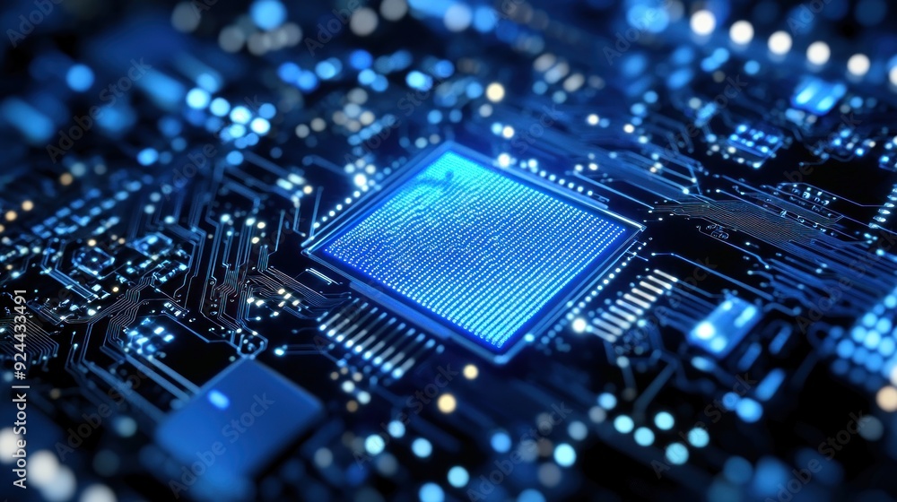 Circuit Board with Glowing Blue Chip Circuit Board with Glowing Blue Chip