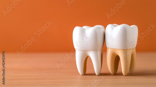 Charming dental decoration featuring two cartoon teeth symbolizing health and hygiene against a warm orange backdrop.
