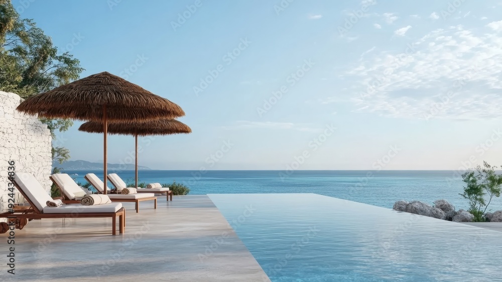 Panoramic vista of secluded resort with infinity pool blending into horizon. Panoramic vista of secluded resort with infinity pool blending into horizon.