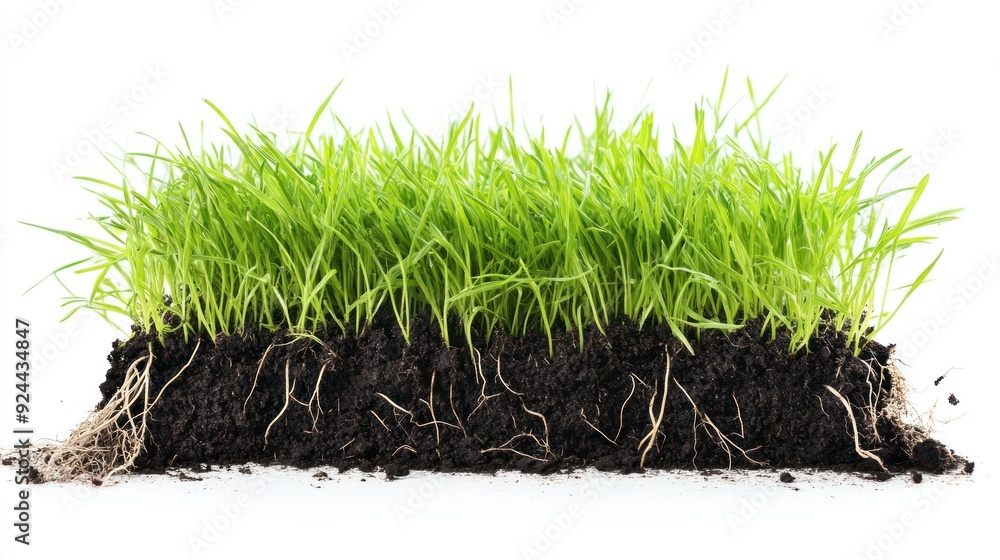 A cross-section of a grass patch showing vibrant green blades, dense black soil, and an intricate network of roots on a white background. A cross-section of a grass patch showing vibrant green blades, dense black soil, and an intricate network of roots on a white background.