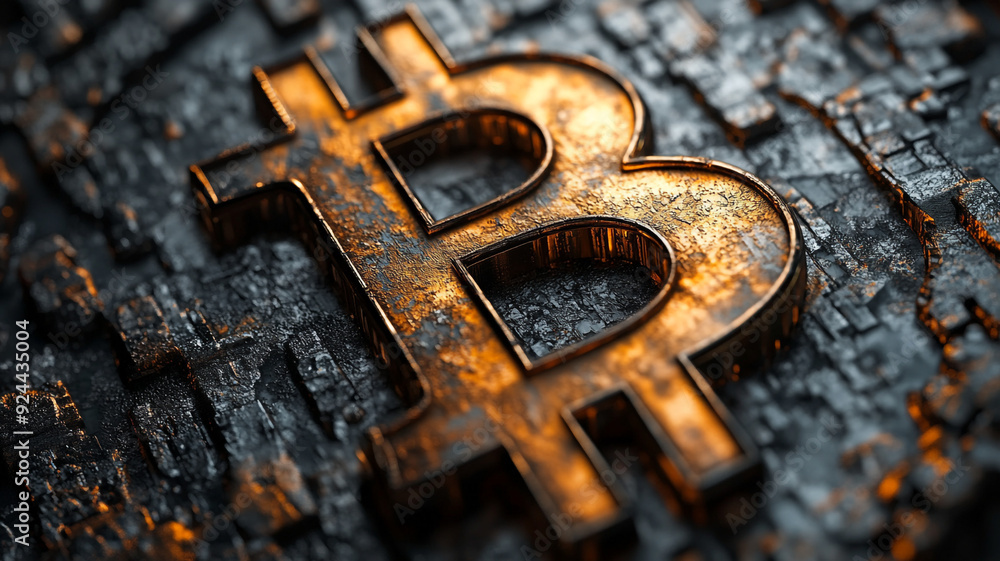 Fototapeta premium A Bitcoin sign or Coin on a dark blue background with a flickering effect and an old patina.