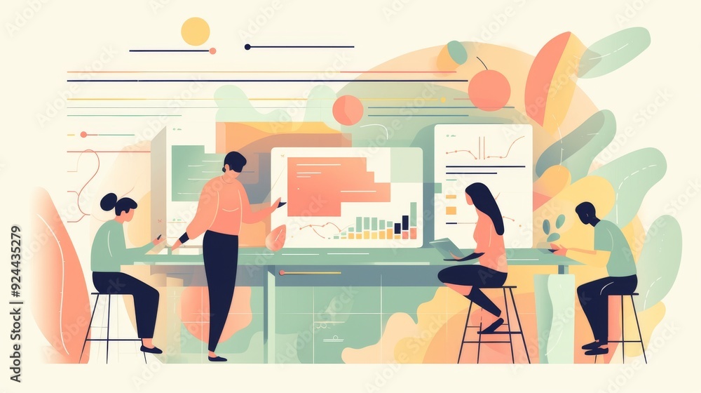 A group of people are working together in a colorful office A group of people are working together in a colorful office