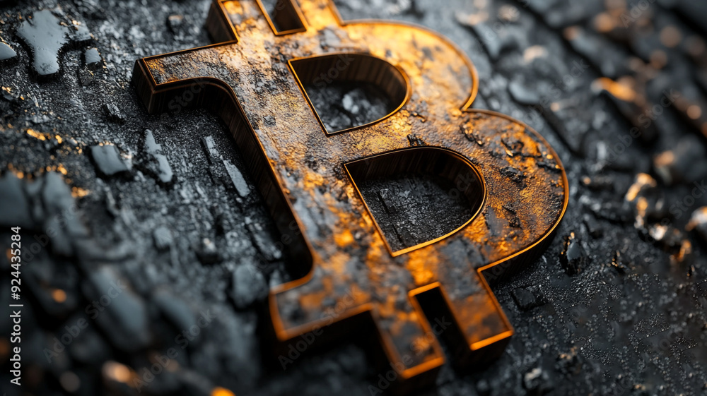 A Bitcoin sign or Coin on a dark blue background with a flickering effect and an old patina. A Bitcoin sign or Coin on a dark blue background with a flickering effect and an old patina.