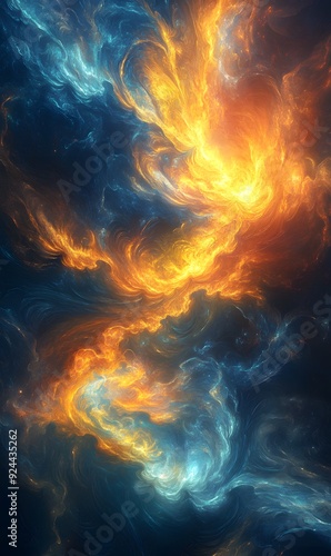 Abstract Swirling Blue and Orange Nebula in Space