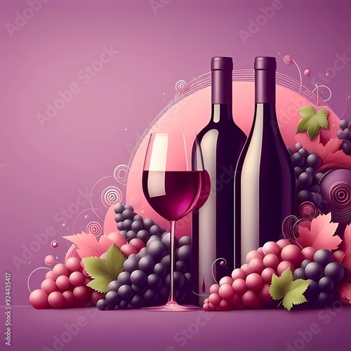 Bottles of red wine on a purple pink background. Creative copy space design with grapes and fine wine, perfect for sommelier, restaurant, vineyard or winery