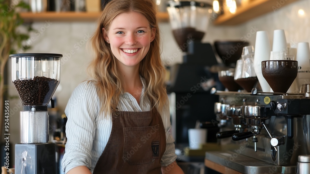 A smiling barista in a coffee shop, wearing an apron, with a coffee grinder and espresso machine in the background. A smiling barista in a coffee shop, wearing an apron, with a coffee grinder and espresso machine in the background.
