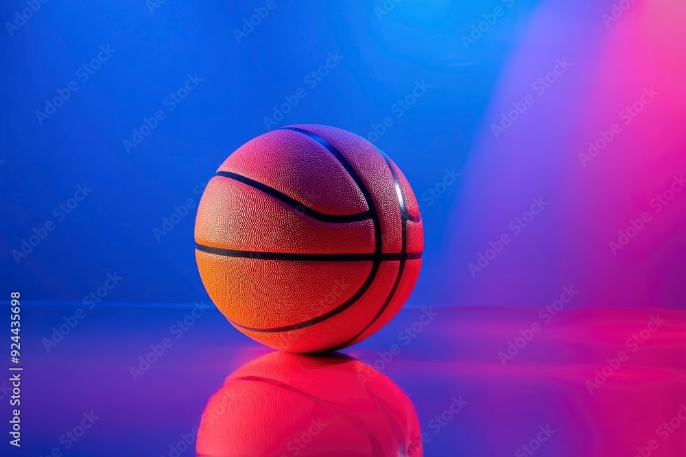 Shiny rubber surface of basketball placed on vibrant background in studio in blue light with generative ai Shiny rubber surface of basketball placed on vibrant background in studio in blue light with generative ai