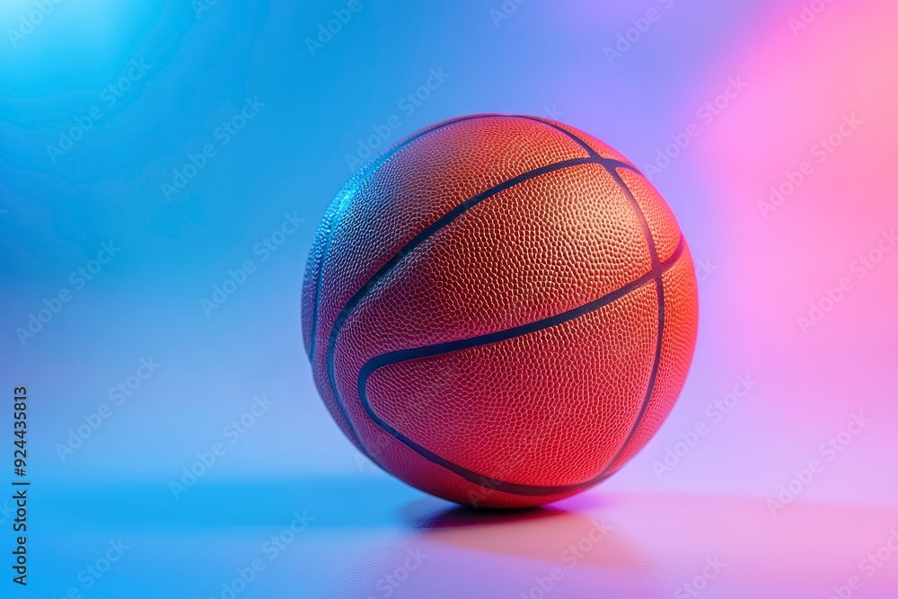 Shiny rubber surface of basketball placed on vibrant background in studio in blue light with generative ai Shiny rubber surface of basketball placed on vibrant background in studio in blue light with generative ai