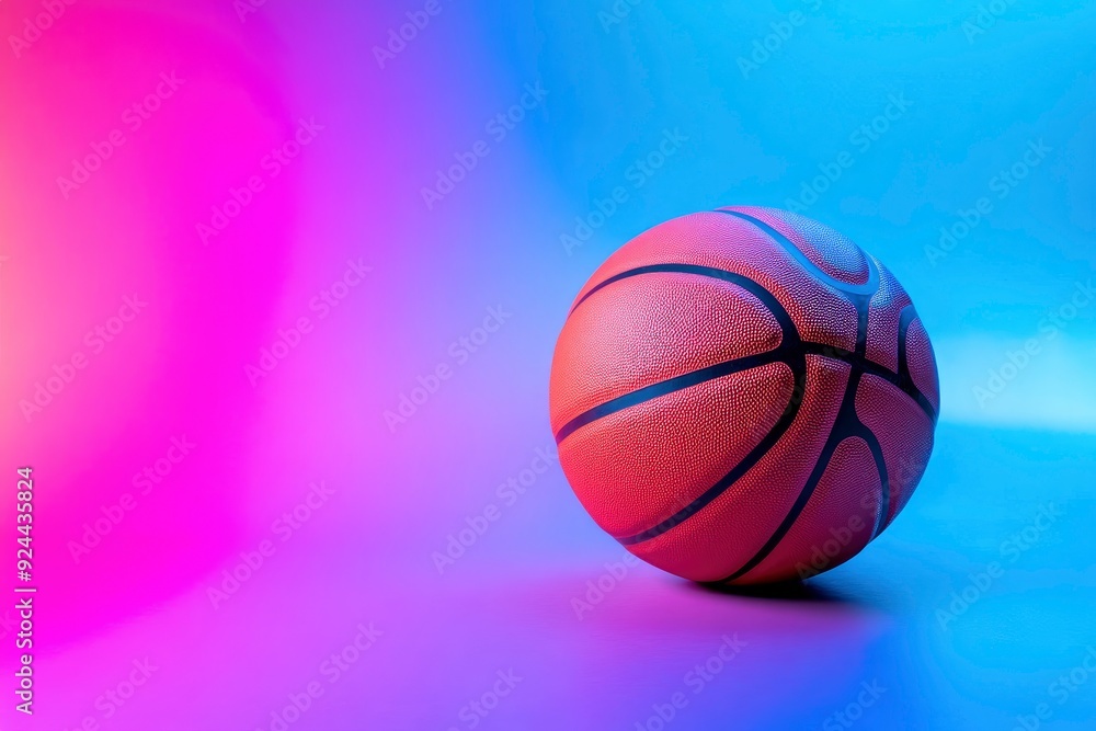 Shiny rubber surface of basketball placed on vibrant background in studio in blue light with generative ai Shiny rubber surface of basketball placed on vibrant background in studio in blue light with generative ai