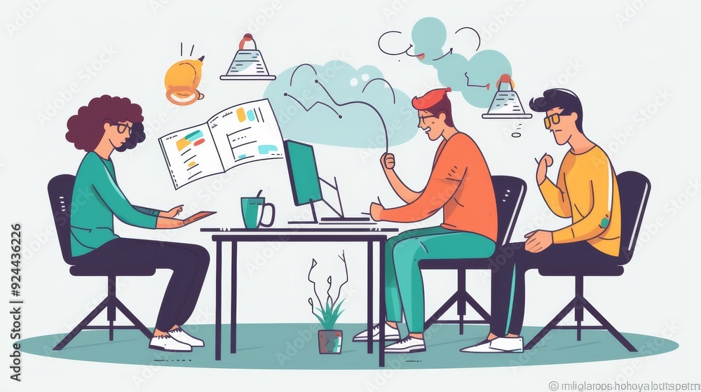 A group of people are sitting at a table with a laptop and a book A group of people are sitting at a table with a laptop and a book