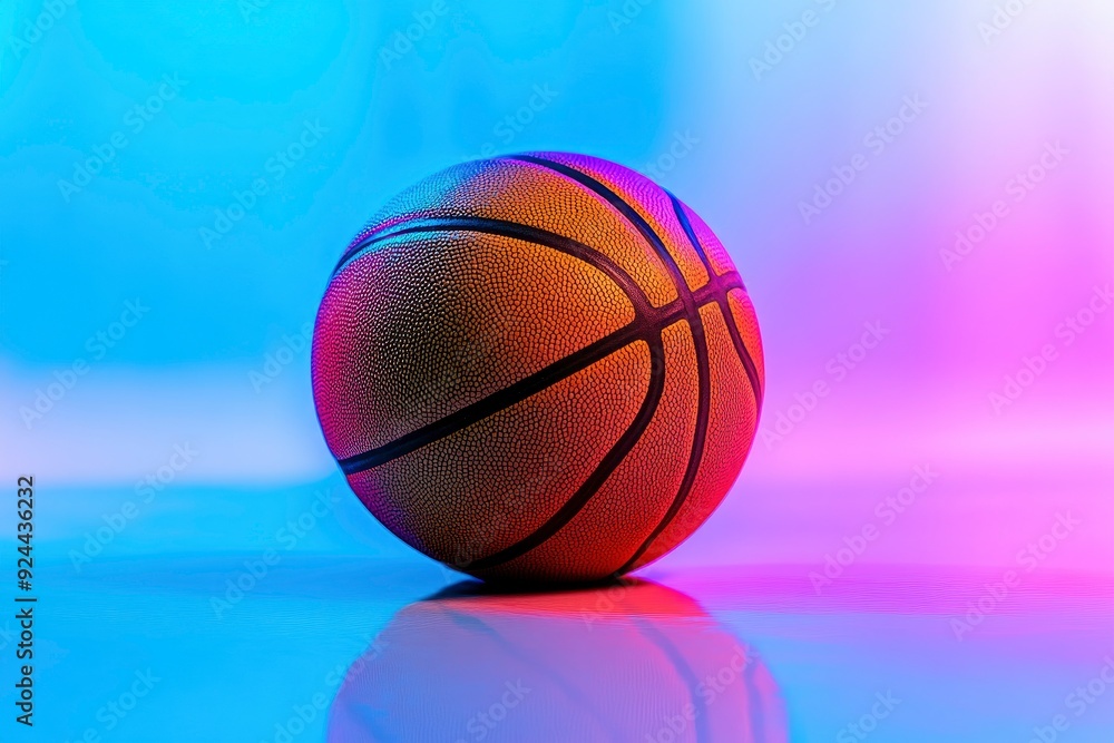Shiny rubber surface of basketball placed on vibrant background in studio in blue light with generative ai Shiny rubber surface of basketball placed on vibrant background in studio in blue light with generative ai