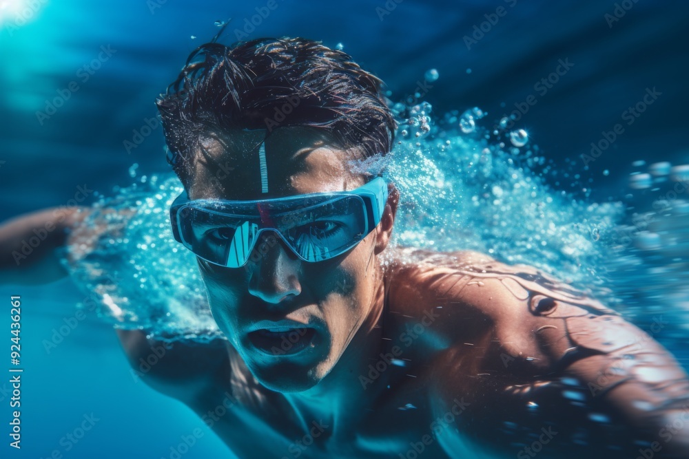 Naklejka premium Embracing the Aquatic Spirit: A Swimmer in Goggles Gliding Through the Blue-Tinted Water, Capturing the Essence of Athletic Endeavor