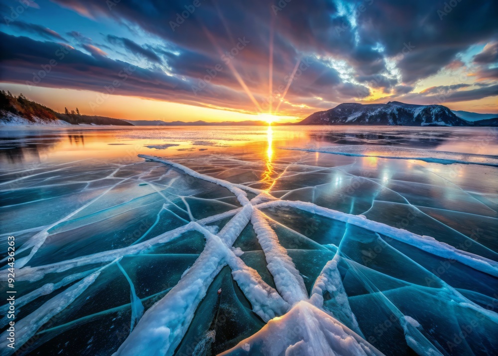 Fototapeta premium Frozen lake's glowing fissures shimmer with an ethereal light, as if ancient mysteries whispered on the arctic wind await discovery.