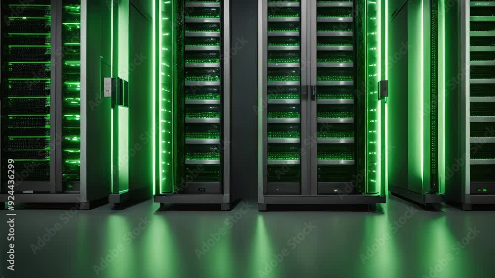 Modern Server Rack with Subtle Green Light in a Dark, Focused Space Modern Server Rack with Subtle Green Light in a Dark, Focused Space