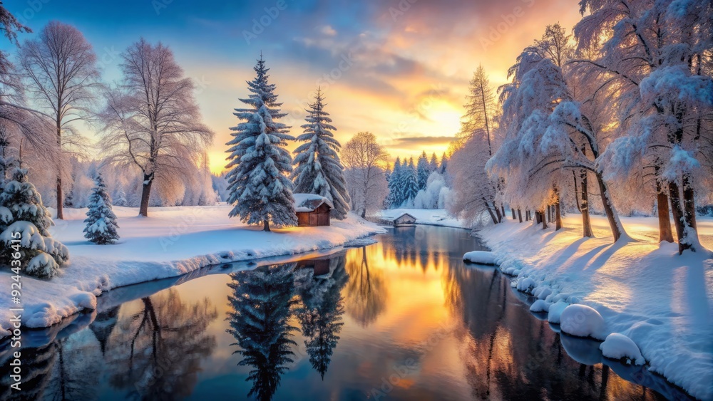 Fototapeta premium Golden sunrise paints mist-shrouded mountains reflecting in tranquil lake waters