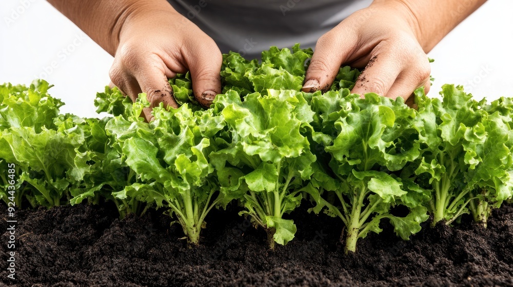 Fototapeta premium A person's hands are tending to lettuce plants growing in rich, dark soil, indicating a scene of gardening or farming activity.
