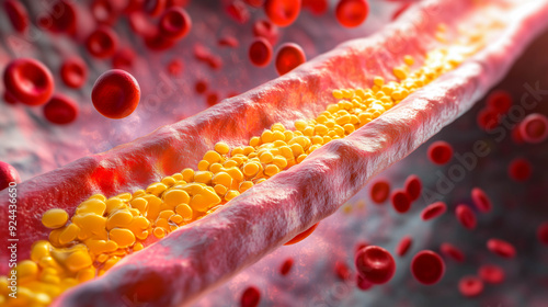 Hyperlipidemia, atherosclerotic plaque. High cholesterol in blood vessel photo