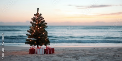Fototapeta Naklejka Na Ścianę i Meble -  A decorated Christmas tree and presents on the beach in Australia