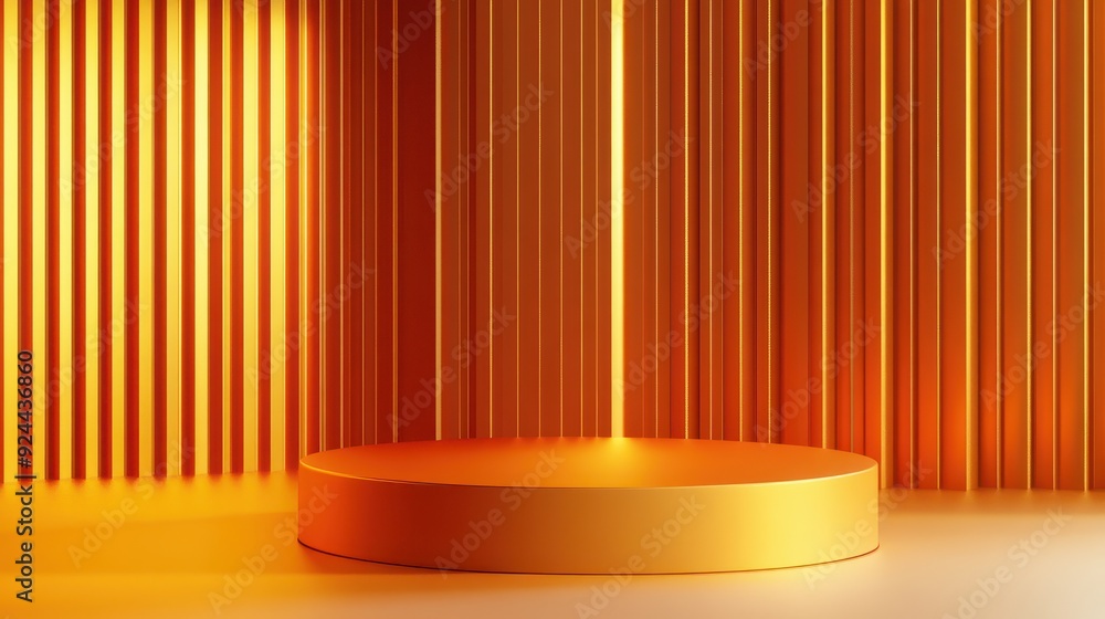 Orange and gold podium with sleek metallic textures, set in a modern gallery space with minimalist design, Main keyword podium, concept contemporary art exhibit Orange and gold podium with sleek metallic textures, set in a modern gallery space with minimalist design, Main keyword podium, concept contemporary art exhibit