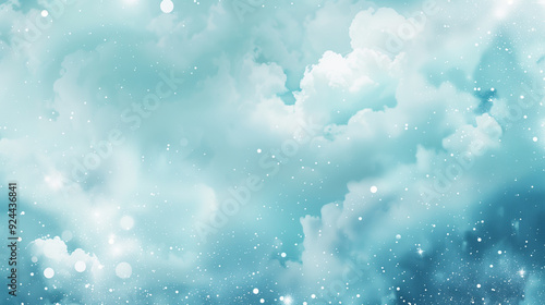 Fluffy white clouds in a bright blue sky with falling snowflakes and serene atmosphere