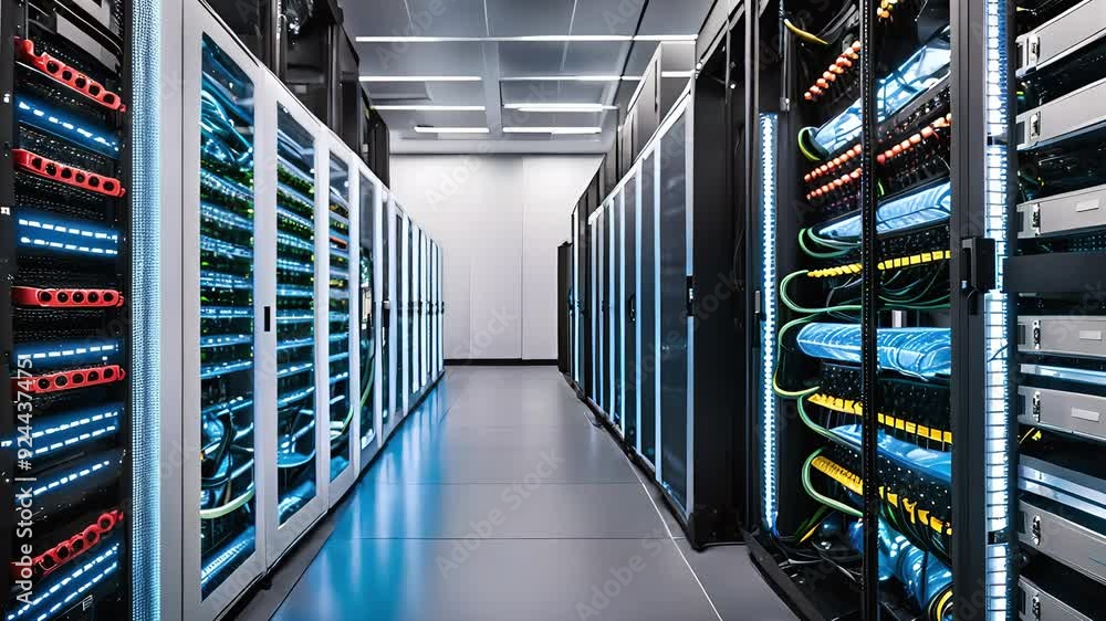 High-Tech Server Environment with Clean Design and Bright Illumination High-Tech Server Environment with Clean Design and Bright Illumination