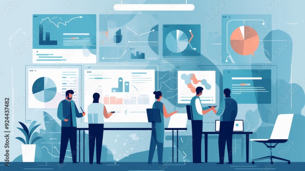 A group of people are working together in a modern office setting A group of people are working together in a modern office setting