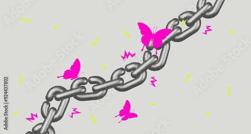 Y2k retro background design. Chain with color halftone effect. Vector illustration.