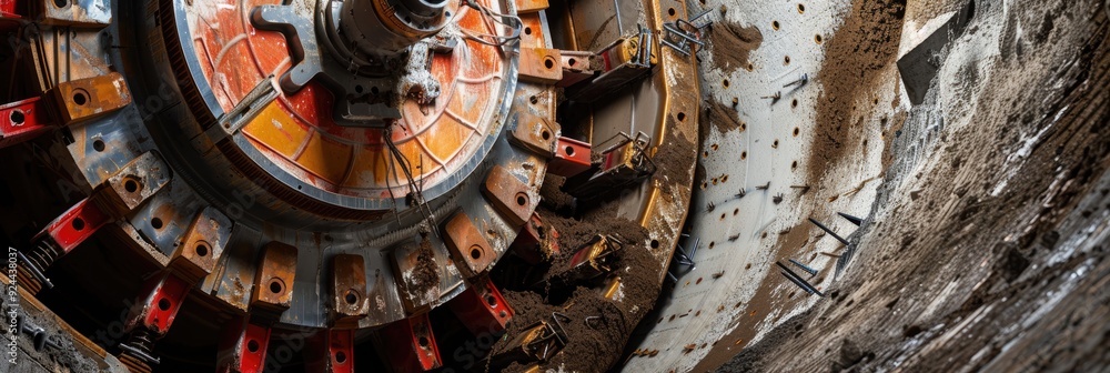 Obraz premium Tunnel boring machine cutter head during ongoing metro construction project