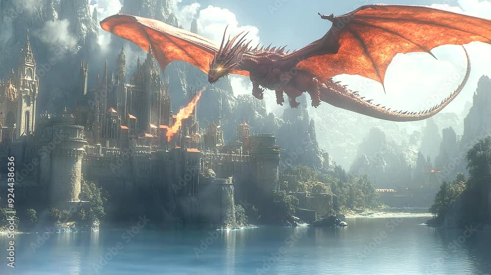 Large dragon flying over a grand castle with mountains in the background. Seamless loop video background