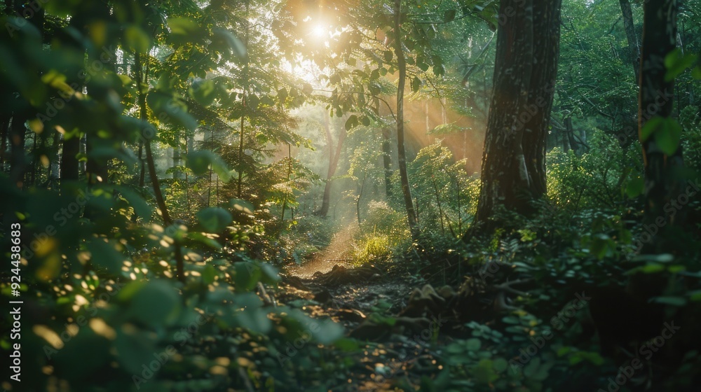 Obraz premium Sunbeams in verdant forest. Enchanting atmosphere highlighting nature's splendor