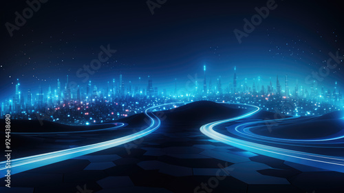 generated illustration of network of highways in cyberspace, connecting digital cities and virtual landscapes #924438690