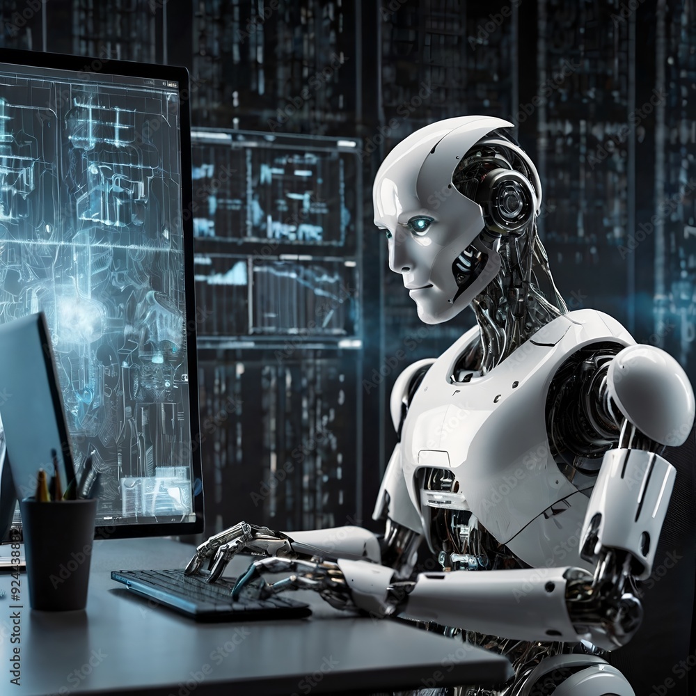 Robot office worker browsing the internet on his computer in his workspace facing a virtual environment with big data and an artificial intelligence, computer Robot office worker browsing the internet on his computer in his workspace facing a virtual environment with big data and an artificial intelligence, computer