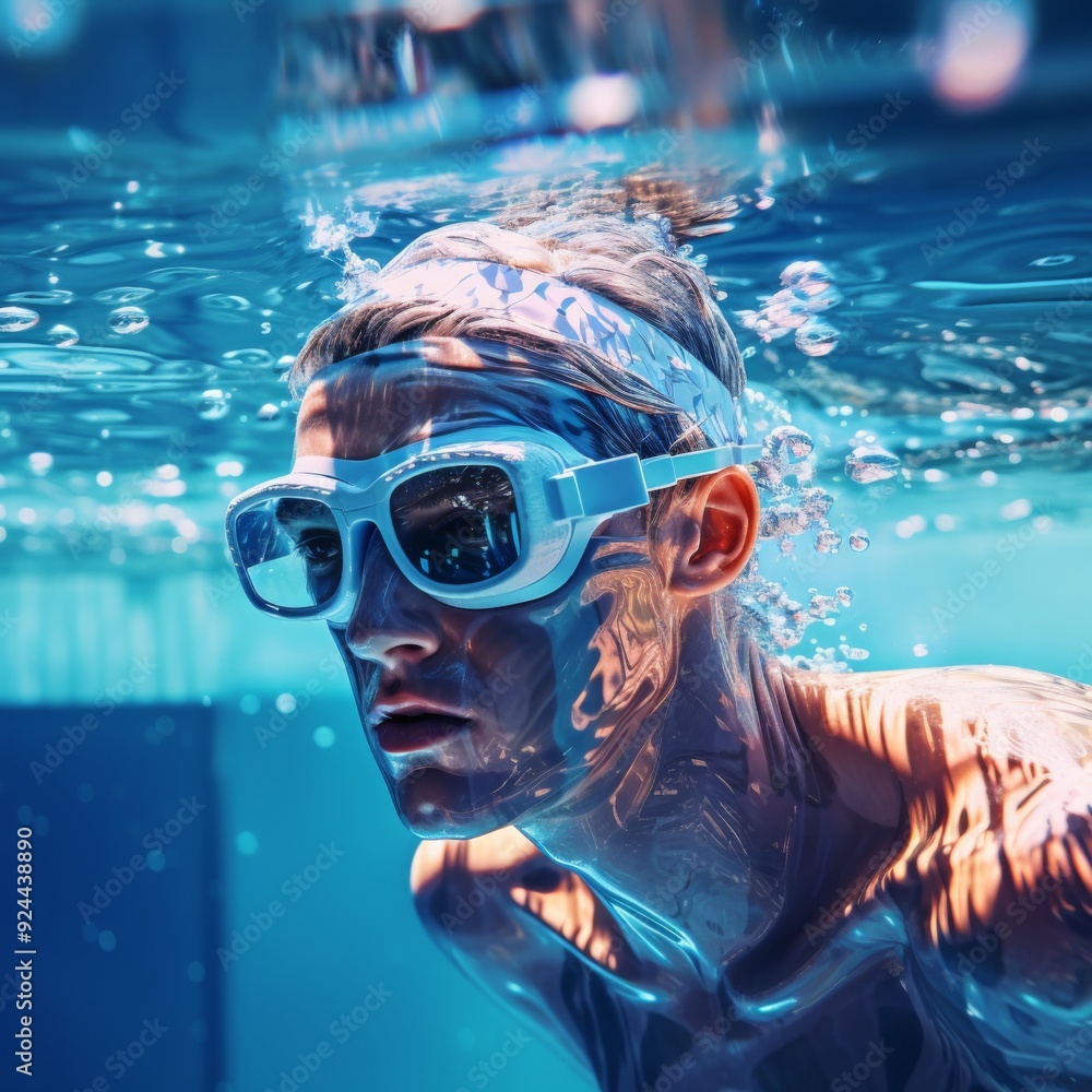 Naklejka premium Athletic Endeavor: The Graceful Strokes of a Swimmer in Goggles Cutting Through the Aqua Blue Water, Embracing the Spirit of Sportsmanship and Aquatic Motion