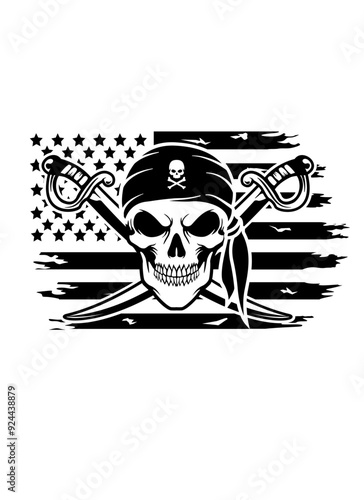 US Pirate | Crossed Sword | Treasure Hunting | Ocean Robber | Pirates | Dead Pirate | Dead Pirate Head | Pirate Skull | Original Illustration | Vector and Clipart | Cutfile and Stencil
