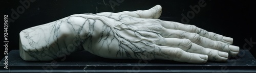 A marble sculpture of a hand with veins intricately carved into the stone, highly realistic photo