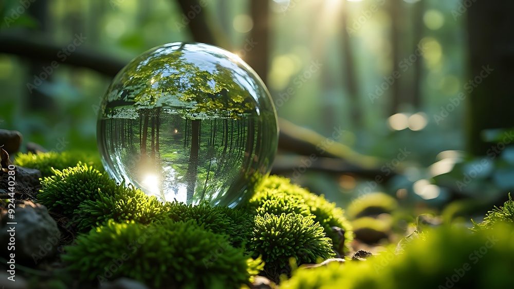 Crystal globe on moss in a forest - environment concept Crystal globe on moss in a forest - environment concept