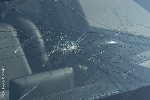 Smashed vehicle windscreen with massive hailstorm damage