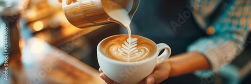 A barista showcases finesse in creating exquisite latte art, pouring milk into a coffee cup, capturing the essence of a cozy coffee shop.