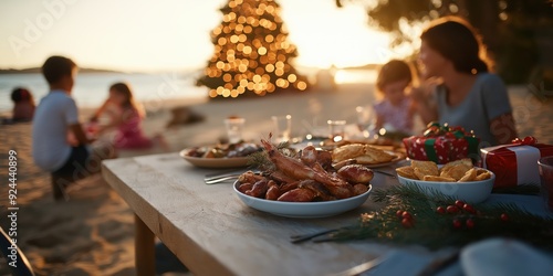 A family celebrating Christmas in the Australian summer.  on the beach