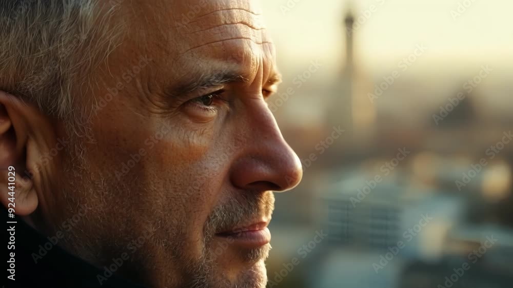 Close up of a thoughtful businessman with the city in the background. He is analyzing the business opportunities of the city Close up of a thoughtful businessman with the city in the background. He is analyzing the business opportunities of the city