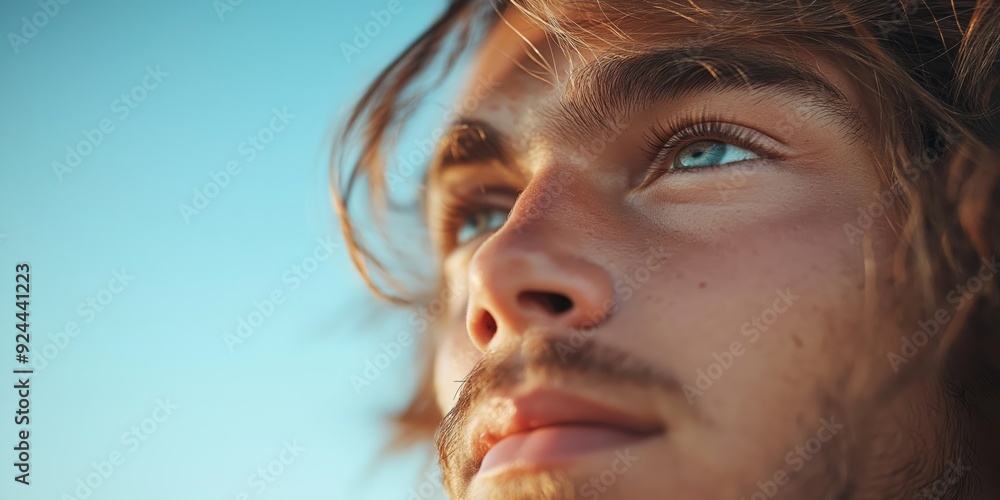 A close-up of a young man with long hair looking up to a blue sky A close-up of a young man with long hair looking up to a blue sky
