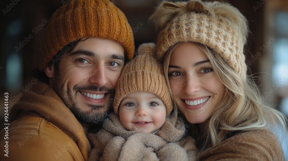 Obraz premium young family on winter holiday outdoors in snowy nature with small child happy