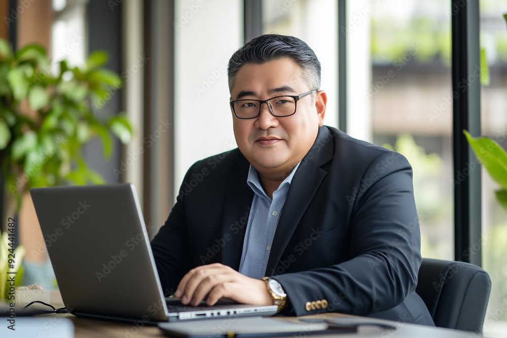 Asian man in a suit is sitting at a desk with a laptop in front of him. He is smiling and he is happy Asian man in a suit is sitting at a desk with a laptop in front of him. He is smiling and he is happy