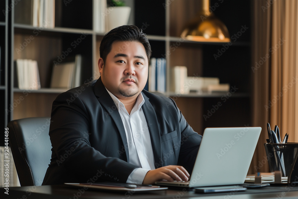 Asian man in a suit is sitting at a desk with a laptop in front of him. He is focused on his work Asian man in a suit is sitting at a desk with a laptop in front of him. He is focused on his work